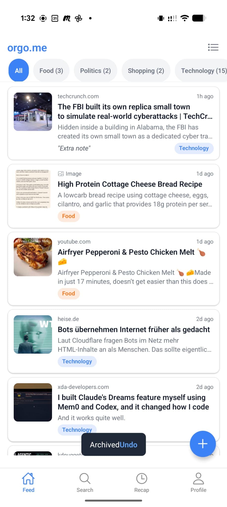 Orgo app feed showing an archived confirmation with undo.