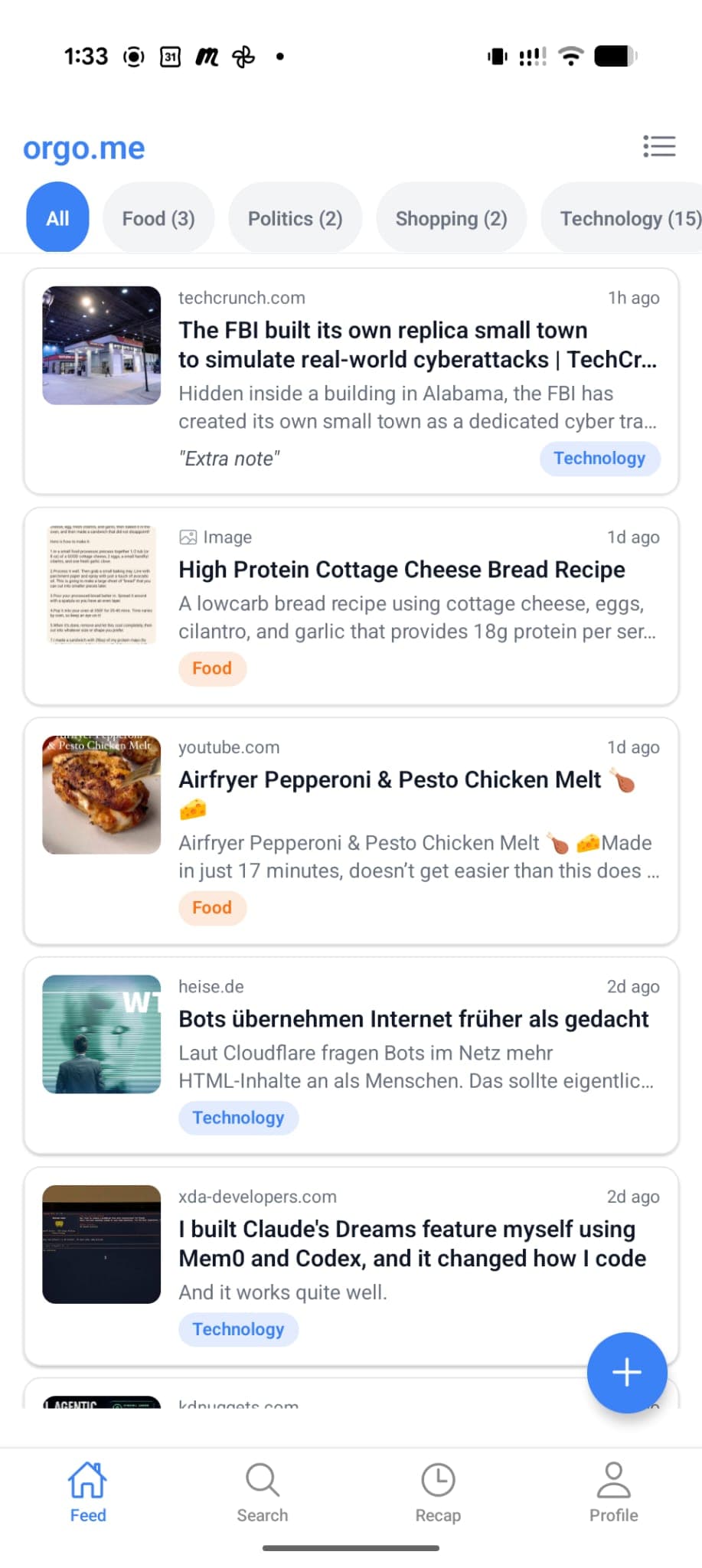 Orgo app feed showing saved links, images, video saves, and automatic category chips.
