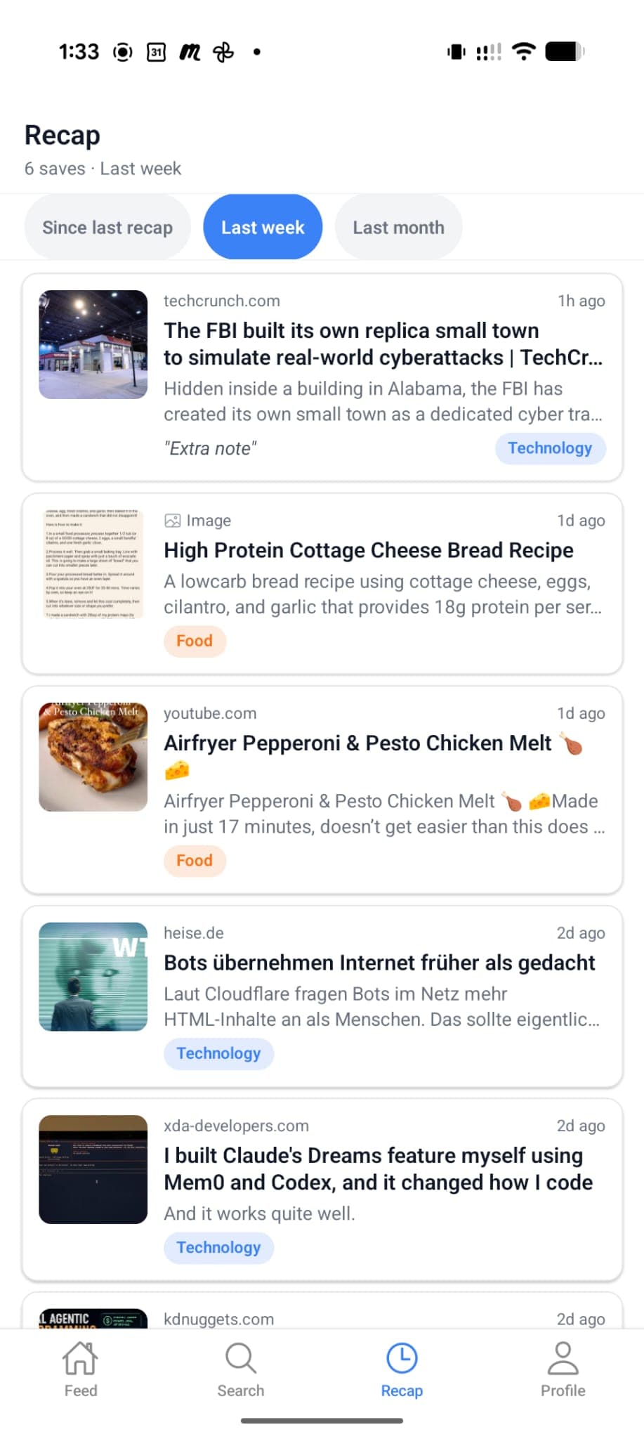Orgo app recap screen showing recent saved items by time period.