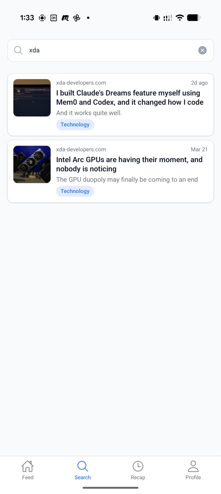 Orgo app search screen showing saved results for a technology query.